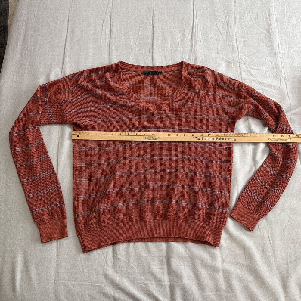 prAna Sweater Women’s Waffle Knit Long Sleeve Red Stripe V Neck Pullover